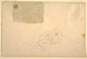 Tegning, To hænder, der ryster, knudrede trærødder, september 1844 af Frederic Edwin Church