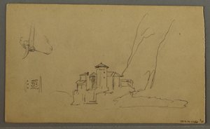 Tegning, Dal, Kirke, St. Gilgen Østrig, muligvis 1868 af Frederic Edwin Church