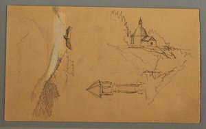 Tegning, Dal, Tårn, Kirke, muligvis 1868 af Frederic Edwin Church