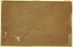 Tegning, Dal med vandløb og huse, nær Guaranda, Ecuador, 4. juni 1857 af Frederic Edwin Church