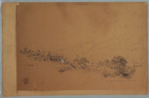 Tegning, dal med McAllisters savværk, Colombia, juni 1853 af Frederic Edwin Church