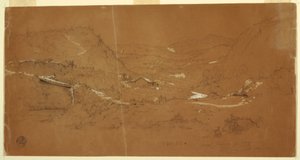 Tegning, dal med bro og huse, nær Guaranda, Ecuador, 5. juni 1857 af Frederic Edwin Church