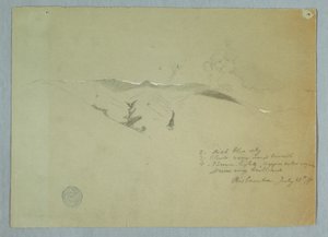Tegning, dale og snedækkede højdedrag, Riobamba, Ecuador, 13. juli 1857 af Frederic Edwin Church