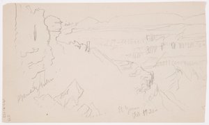Tegning, Udsigt over bakkerne og sletten mod bjergene, El Yemen-dalen, februar 1868 af Frederic Edwin Church