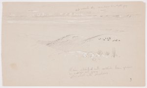Tegning, Udsigt over bakkerne og sletten mod bjergene, El Yemen-dalen, februar 1868 af Frederic Edwin Church