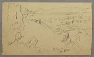 Tegning, Udsigt over bakkerne og sletten mod bjergene, El Yemen-dalen, februar 1868 af Frederic Edwin Church