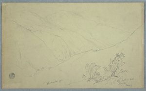Tegning, udsigt over Blue Mountain Peak, set fra nær Salloway Hill, Jamaica, juli 1865 af Frederic Edwin Church