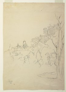 Tegning, Udsigt over Olana, kunstnerens hjem, Hudson, New York, ca. 1872 af Frederic Edwin Church