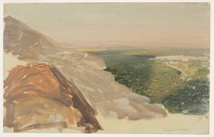 Tegning, Udsigt over en slette med Damaskus, Syrien, fra bjergene, maj 1868 af Frederic Edwin Church