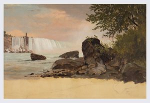 Tegning, udsigt over de canadiske vandfald og Goat Island, september eller oktober 1856 af Frederic Edwin Church