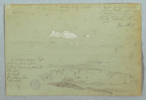 Tegning, Udsigt til Artisana-vulkanen fra eller nær Quito og en overskyet himmel over en bjergryg, Ecuador, 23. juni 1857 af Frederic Edwin Church