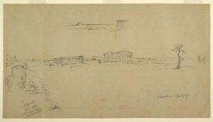 Tegning, Udsigt over basilikaen og Neptun-templet, Paestum, Italien, april 1869 af Frederic Edwin Church