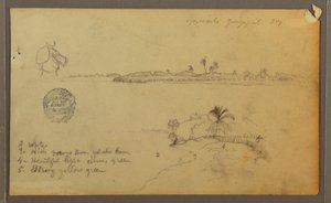 Tegning, Udsigt over østbredden af Guayas-floden, overfor Guayaquil, Ecuador, maj 1857 af Frederic Edwin Church