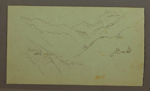 Tegning, Landsby og stejl bjergdal (Alperne), 1868-69 af Frederic Edwin Church