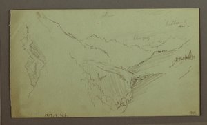 Tegning, Landsby og stejl bjergdal (Alperne), 1868-69 af Frederic Edwin Church