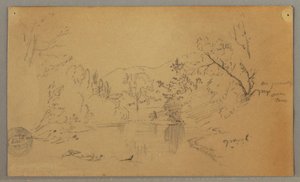 Tegning, snoet flod i en skovklædt dal, Vermont, oktober 1865 af Frederic Edwin Church