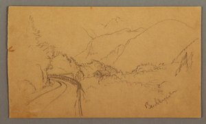 Tegning, snoet vej gennem dal, hus, muligvis 1868 af Frederic Edwin Church
