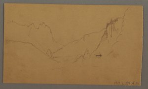 Tegning, snoet vej gennem dal, hus, muligvis 1868 af Frederic Edwin Church