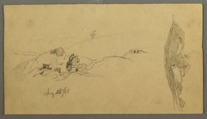 Tegning, kvinder vasker sig ved et trug, bjerge, 28. august 1868 af Frederic Edwin Church