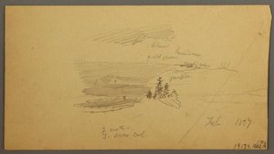 Tegning, skovklædt bakketop, bakket dal, sol, januar 1866 af Frederic Edwin Church