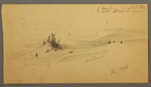 Tegning, skovklædt bakketop, bakket dal, sol, januar 1866 af Frederic Edwin Church