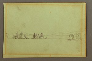 Tegning, Skovklædte øer, kuperet kyst, muligvis 1856 af Frederic Edwin Church