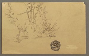 Tegning, Træbevokset bred, muligvis 1877 af Frederic Edwin Church
