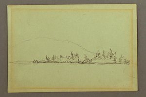 Tegning, Træbevokset bred, bjerg, muligvis 1856 af Frederic Edwin Church