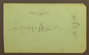 Tegning, bakker, kirke, bro; Bagside: figur, kors, kirke, 1883 af Frederic Edwin Church