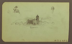 Tegning, bakker, kirke, bro; Bagside: figur, kors, kirke, 1883 af Frederic Edwin Church