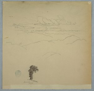 Bjergrigt landskab med en nedgående sol og et træ, Jamaica af Frederic Edwin Church