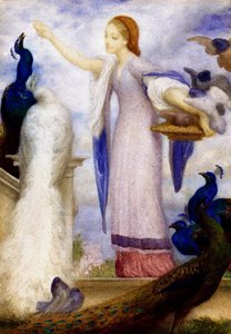 "Jene fille nourrissant les paons" Hun er klædt i antik stil. Maleri af Lord Frederic Leighton (1830-1896) (prerafaelit) af Frederic Leighton