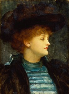 Portræt af kvinde i turkis kjole med sort frakke og hat (olie på lærred) af Frederic Leighton