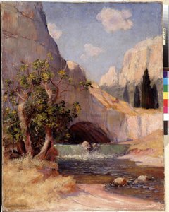 Udsigt over Fontaine du Vaucluse-landskabet i Provence. Maleri af Frederic Montenard (1849-1926) Dim. 65x50,5 cm Obligatorisk omtale: Collection fondation regards de Provence, Marseille af Frederic Montenard