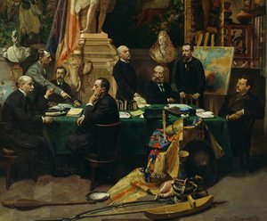 Jules Ferry (1832-1893) byder delegerede fra kolonier velkommen i november 1892 af Frederic Regamey