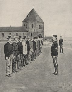 En første lektion i krigens kunst. Rekrutter til de to ekstra artilleriregimenter ved Fort Slocum, Davids Island, Long Island Sound af Frederic Remington