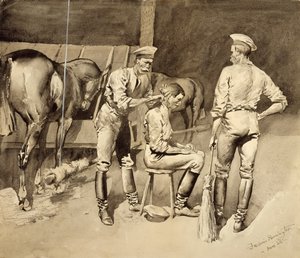 A Haircut in a Cavalry Stald, ca. 1893 (wc på papir) af Frederic Remington