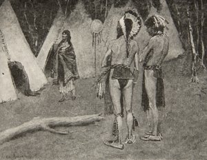 Og hendes elskere, de afviste,... Smukke mænd med maling og fjer, fra The Song of Hiawatha af Henry Wadsworth Longfellow (1807-82), pub. af George G. Harrap und Company Ltd., 1911 af Frederic Remington