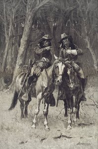 Cheyenne-spejdere patruljerer i det store skovområde i North Canadian, Oklahoma af Frederic Remington