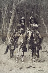 Cheyenne-spejdere, der patruljerer Big Timber of the North Canadian, Oklahoma, 6. april af Frederic Remington