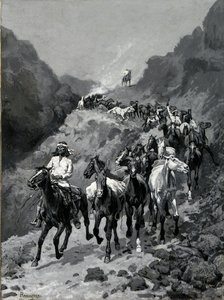 Geronimo og hans band vender tilbage fra et raid til Mexico (olie på lærred) af Frederic Remington