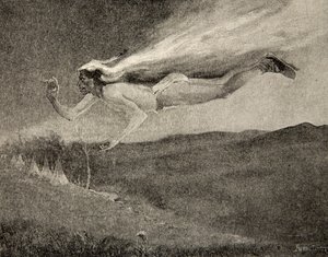 Glared like Ishkoodah, the comet, Like the star with fiery tresses, fra The Song of Hiawatha af Henry Wadsworth Longfellow (1807-82), udgivet af George G. Harrap und Company Ltd., 1911 af Frederic Remington