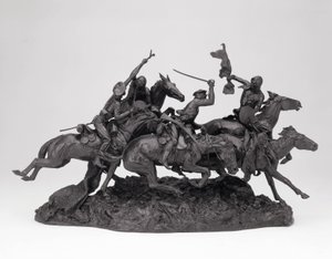 De gamle dragoner fra 1850, modelleret 1905, støbt 1905-09 (bronze med sort patina) af Frederic Remington