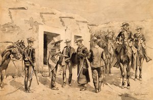 Amerikansk kavaleri på jagt efter Garza-mænd ved Rio Grande, ca.1892 (wc på papir) af Frederic Remington