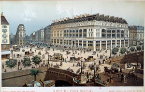 Udvendig udsigt over La Belle Jardiniere, rue du pont neuf i Paris i det 19. århundrede. Gravering af Frederic Sorrieu (1807 -? )
