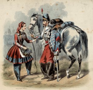 Den franske hær og dens cantinieres: Hussard og cantiniere de troupe de line. Gravering af Frederic Sorrieu (1807 -? )