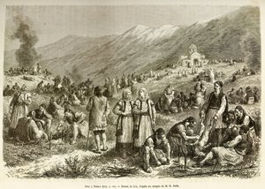 Et festmåltid i Theben, det for jomfruens careme, der samler alle indbyggerne i byen og det omkringliggende område, hver familie røver et får til lejligheden, i forgrunden forbereder mændene beten, før de tilbereder den. Gravering efter tegningen af Frederic Theodore Lix