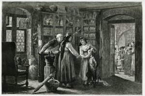 Hos apoteket i landsbyen Kaysersberg (eller Kaisersberg, Alsace), en akut konsultation. Gravering af F.Lix, for at illustrere historien "Gennem Alsace og Lorraine", i 1884, af Charles Grad (1842-1890), tysk stedfortræder, forfatter og naturforsker. Pub af Frederic Theodore Lix