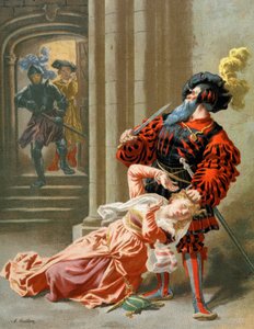 Blåskæg forsøger at dræbe sin kone, ca. 1890 (illustration) af Frederic Theodore Lix