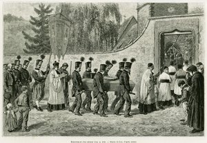 Begravelse af en mindreårig. Gravering af Lix, for at illustrere historien A Through Alsace and Lorraine, i 1887, af Charles Grad, tysk deputeret, i tour du monde 1888, instrueret af Edouard Charton (1807-1890), Hachette, Paris. af Frederic Theodore Lix